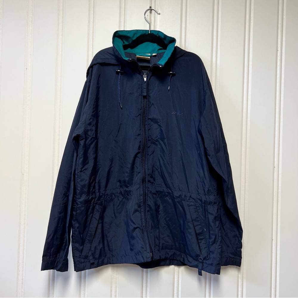 Vintage 90s L.L. Bean Rain Jacket Navy Hooded Windbreaker Petite S Lightweight